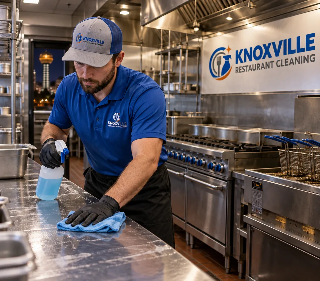 Knoxville commercial kitchen crew member cleaning a stainless prep line and splash zone after closing