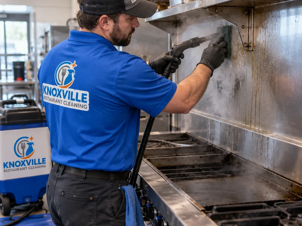 Cleaner removing grease from a stainless backsplash and shelf brackets behind a cooking line
