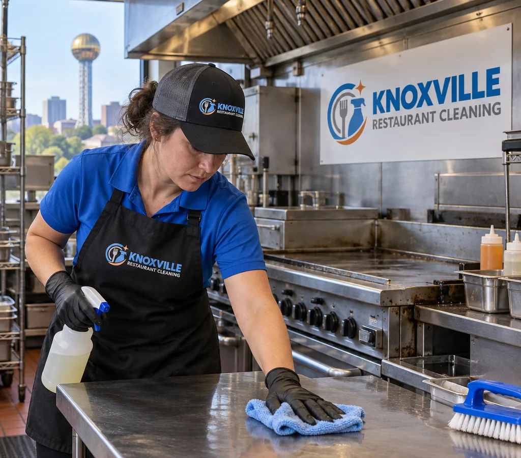 Professional cleaner wiping stainless prep surfaces and degreasing a restaurant cook line in Knoxville