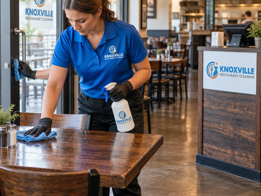 Cleaner detailing dining tables, chair backs, door handles, and a restaurant host stand