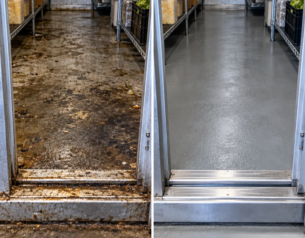 Walk-in cooler floor and threshold before and after cleaning with improved corners and door track
