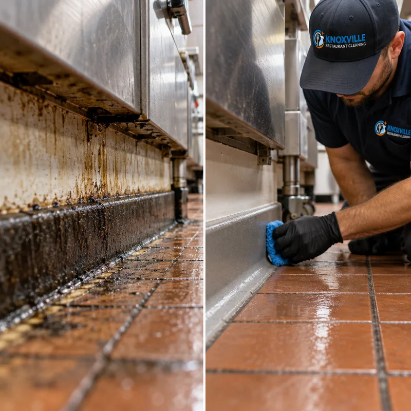 Cleaned wall-to-floor cove base and edge line behind a cook line after degreasing
