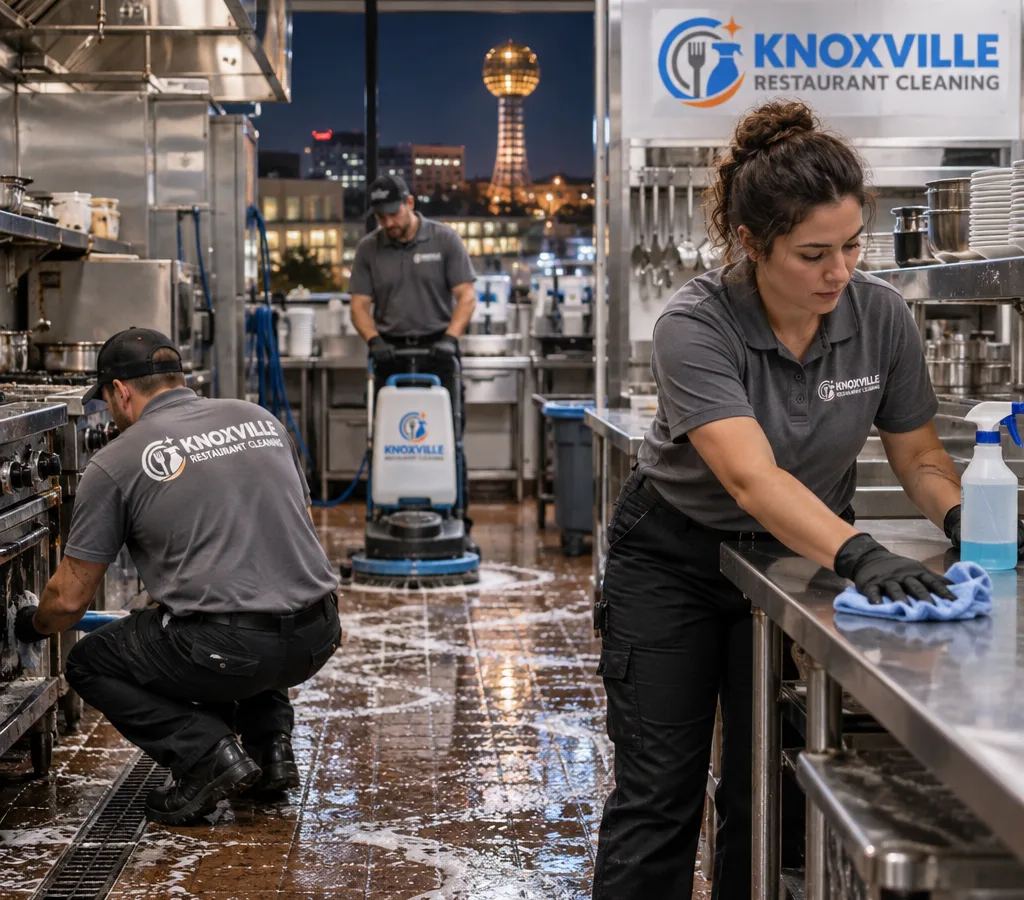Knoxville restaurant kitchen crew performing a nighttime deep clean on a stainless prep line with floors scrubbed and equipment pulled out for edge cleaning