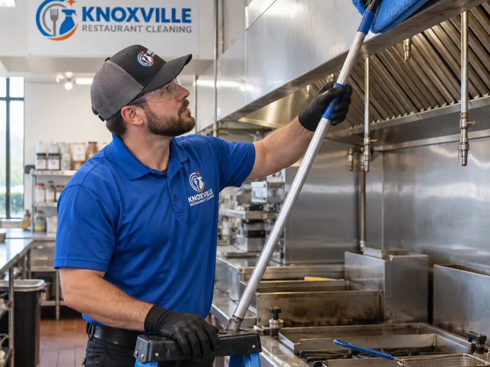 Technician high-dusting and wiping overhead surfaces above a commercial cook line with a microfiber system and step ladder