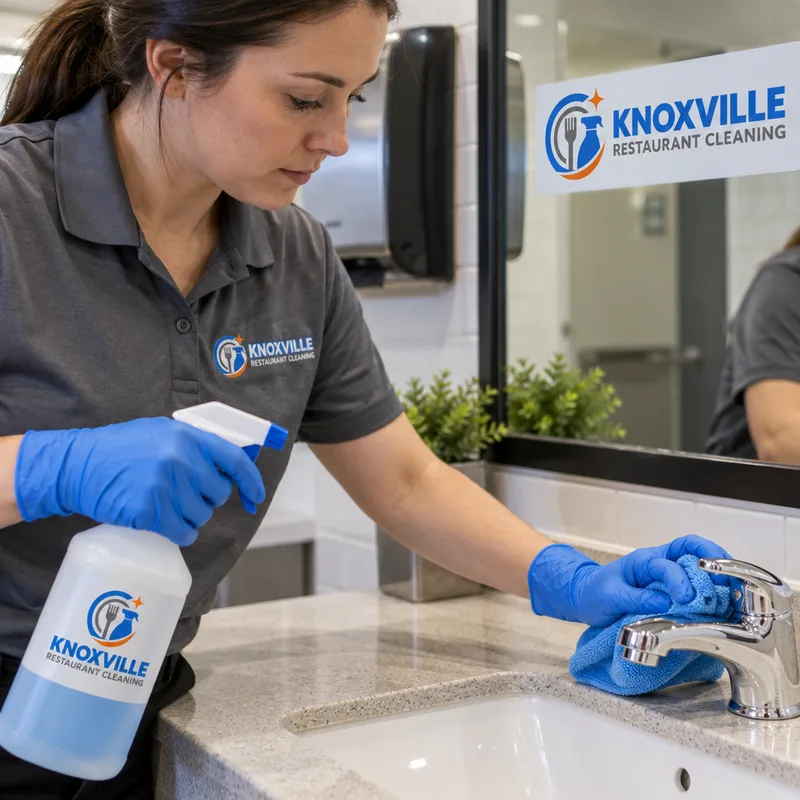 Cleaner disinfecting a restaurant restroom sink and faucet
