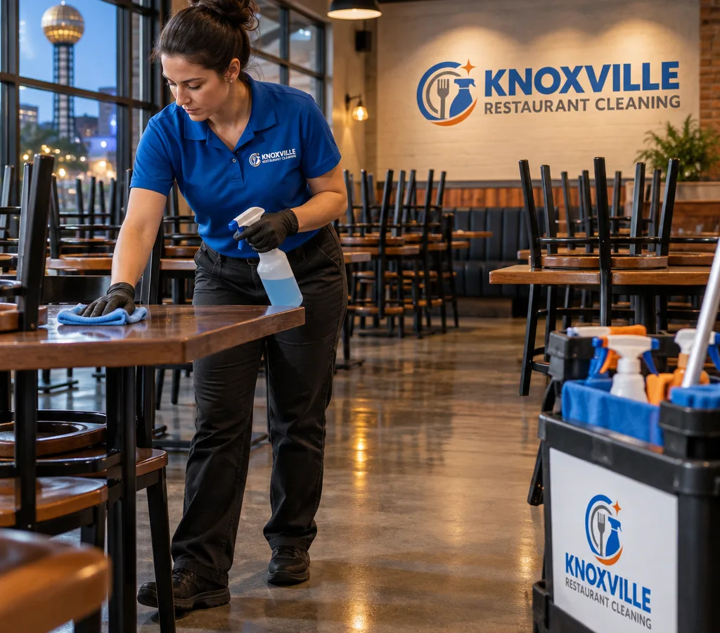 After-hours cleaner detailing dining tables and floors in a commercial restaurant
