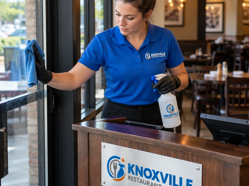 Cleaner wiping a restaurant host stand and adjacent entry glass