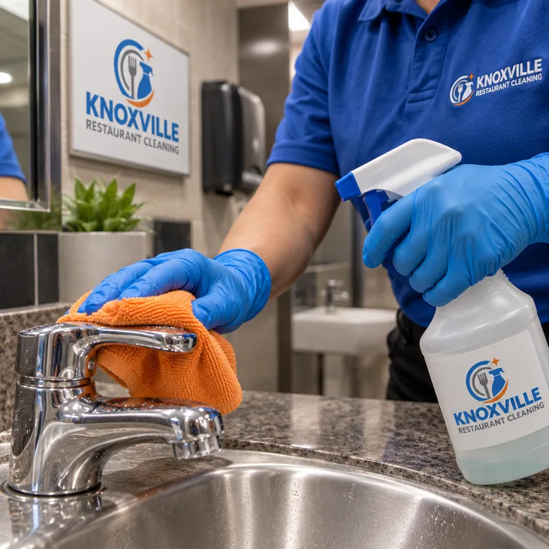 Gloved hands disinfecting a restroom faucet handle and sink rim with labeled disinfectant and a microfiber cloth