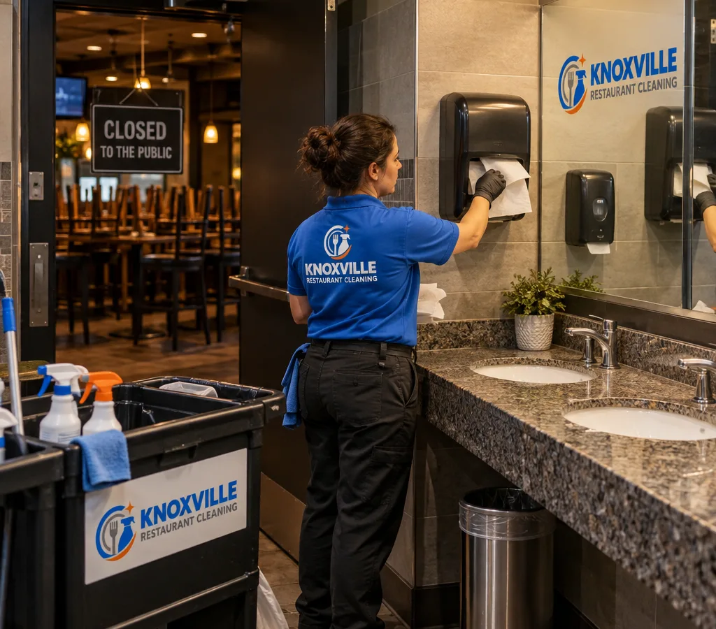 Professional cleaner restocking dispensers and wiping high-touch points in a restaurant restroom at night