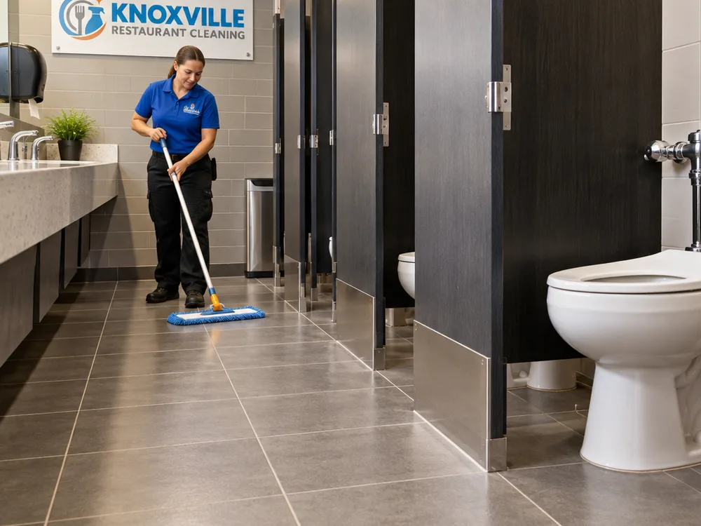 Multi-stall restaurant restroom with clean grout edges, emptied trash, and detailed toilet bases