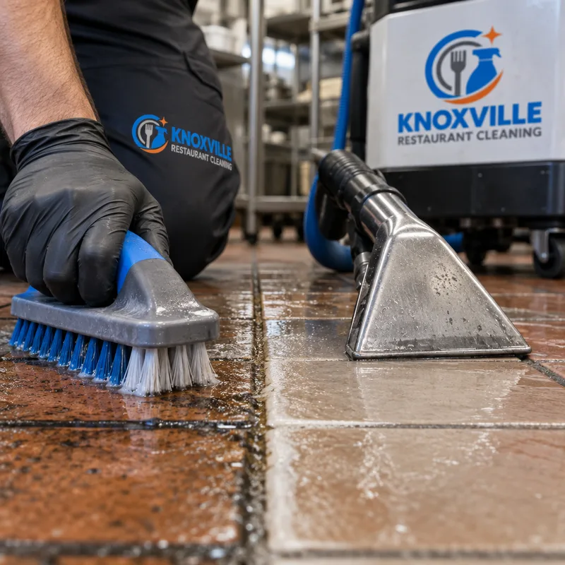 Cleaned commercial kitchen grout beside a greasy darkened section with a grout brush and extraction wand