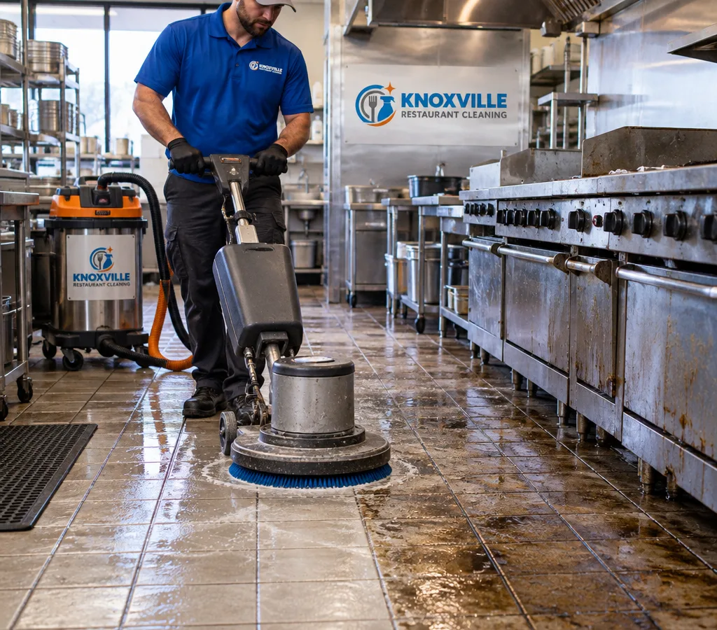 Technician deep-cleaning restaurant kitchen tile with a rotary scrubber and wet vacuum near the cook line