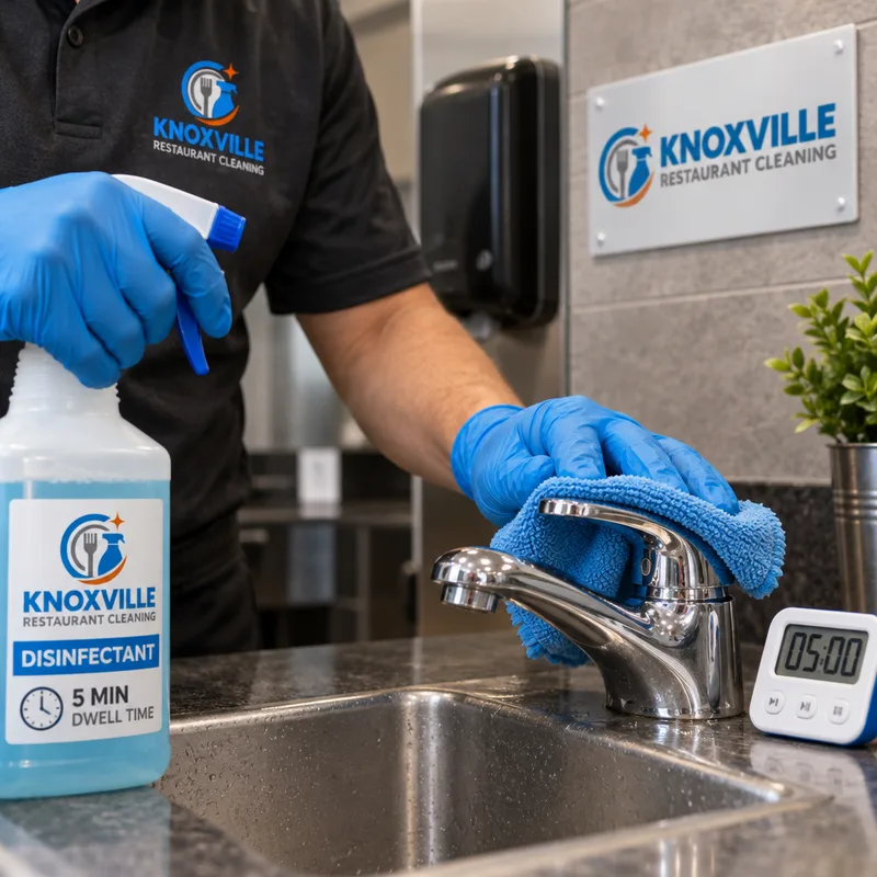 Gloved cleaner disinfecting a commercial restroom touchpoint using labeled disinfectant and a microfiber cloth