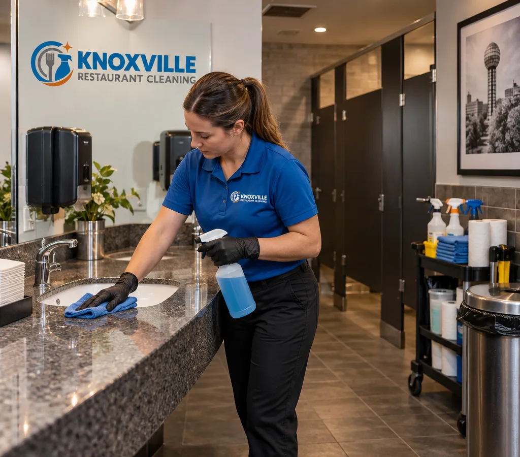Professional cleaner disinfecting a restaurant restroom sink and counter in Maryville