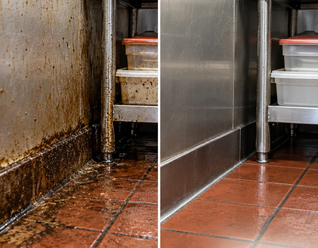 Before-and-after view of grease buildup removed from a kitchen floor edge and prep-area corner