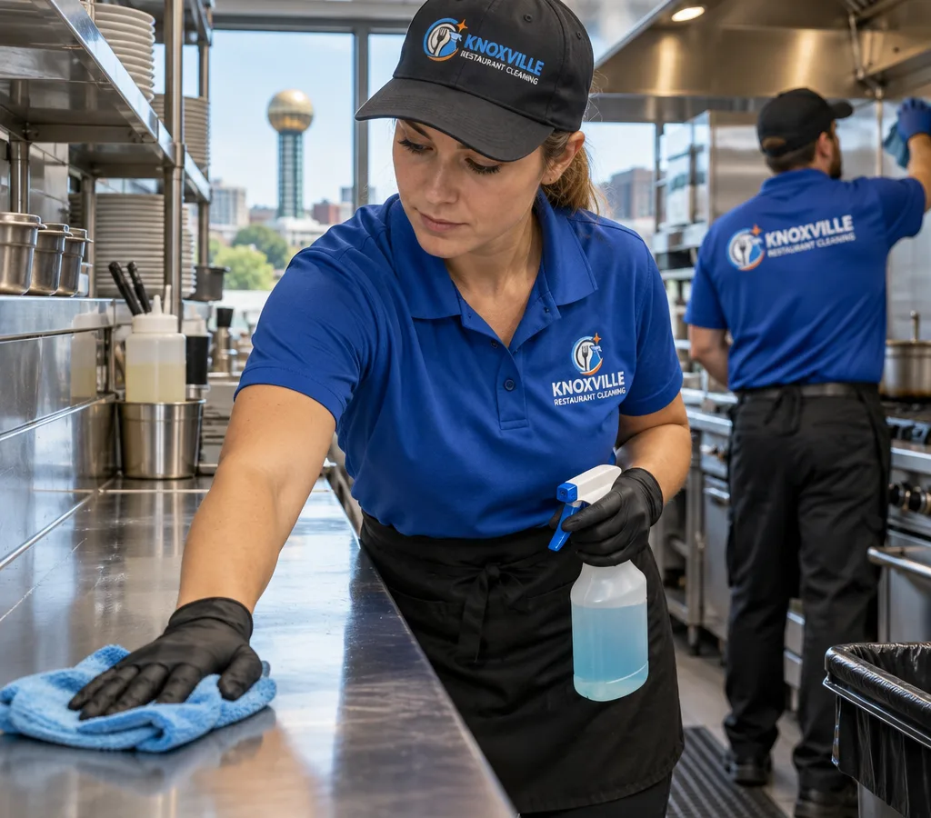 Crew member cleaning a stainless prep table and backsplash in an Oak Ridge commercial restaurant kitchen