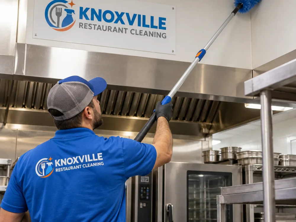 Technician high-dusting upper wall ledges and ceiling corners above stainless kitchen equipment