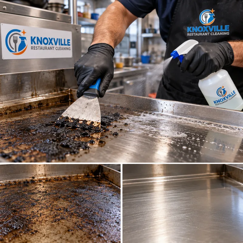 Technician scraping carbon and degreasing a commercial flat-top and stainless cooking surface