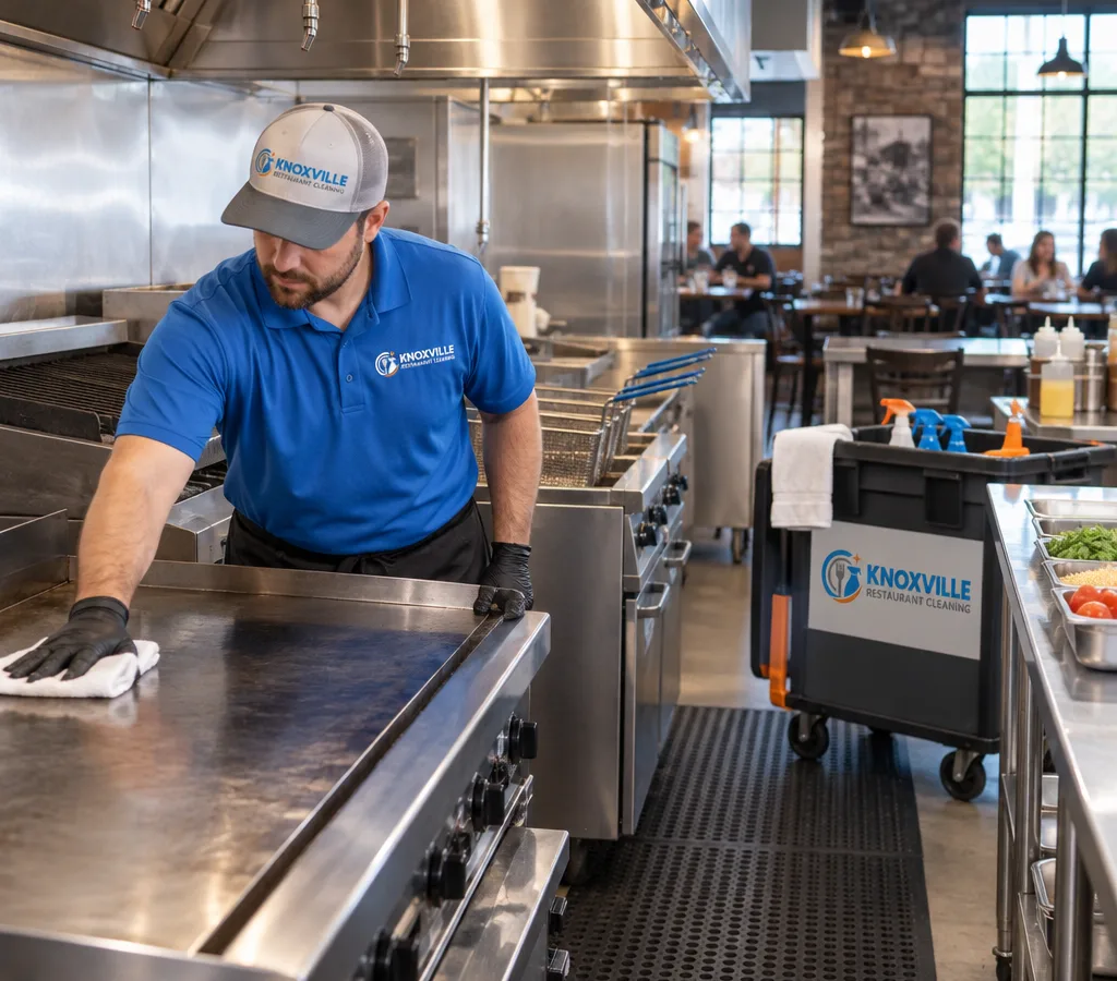Clean commercial cooking line with flat-top, charbroiler, fryers, and stainless prep equipment in a Farragut restaurant