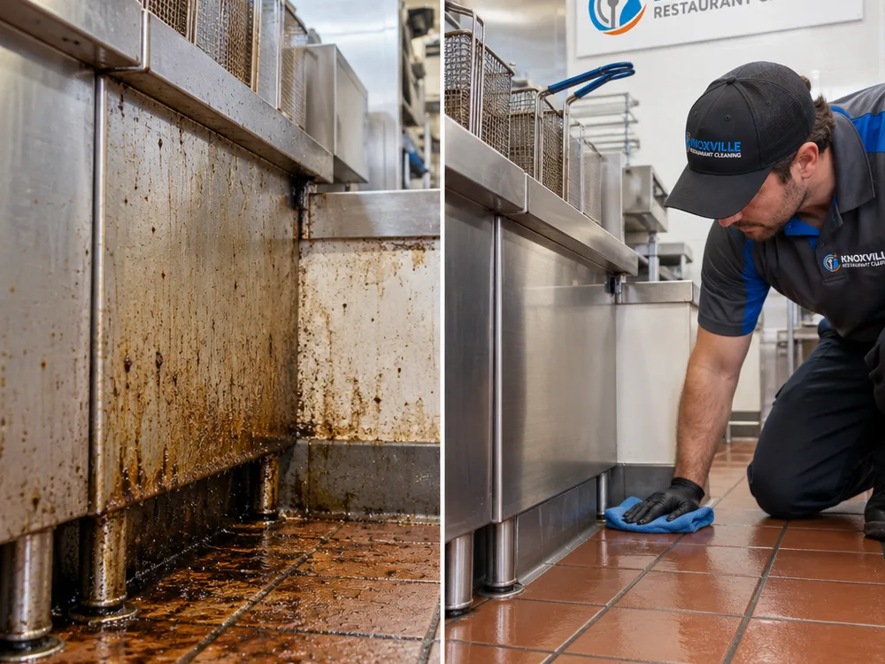 Before and after view of greasy fryer floor edges and a degreased, reset wall base