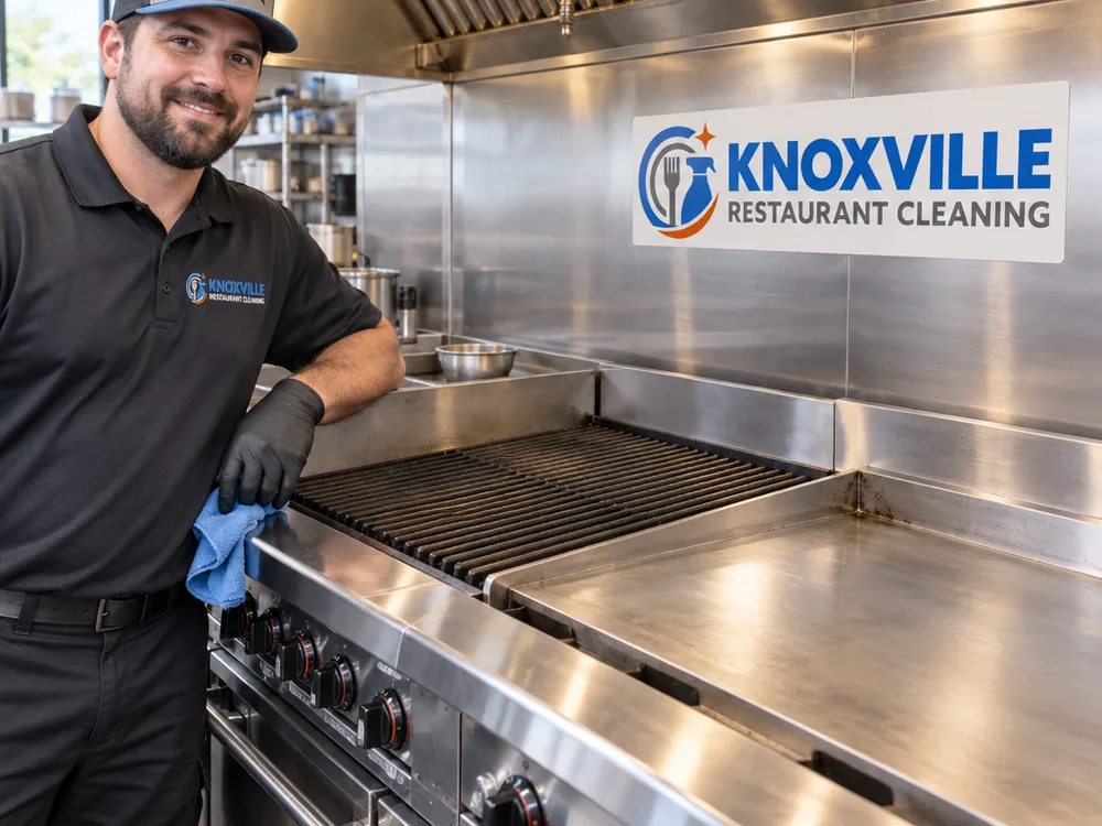 Degreased commercial charbroiler and flat-top line with clean stainless sides and backsplash