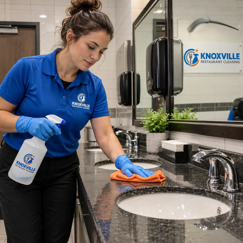 Restaurant restroom sink and counter after disinfection with polished fixtures, stocked dispensers, and a dry floor