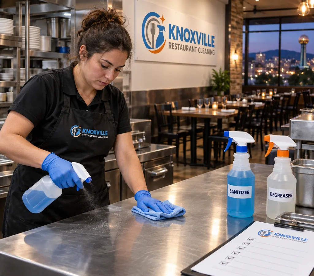 After-hours cleaner sanitizing stainless prep tables in a Powell restaurant with a checklist and dining room prepared for the next shift