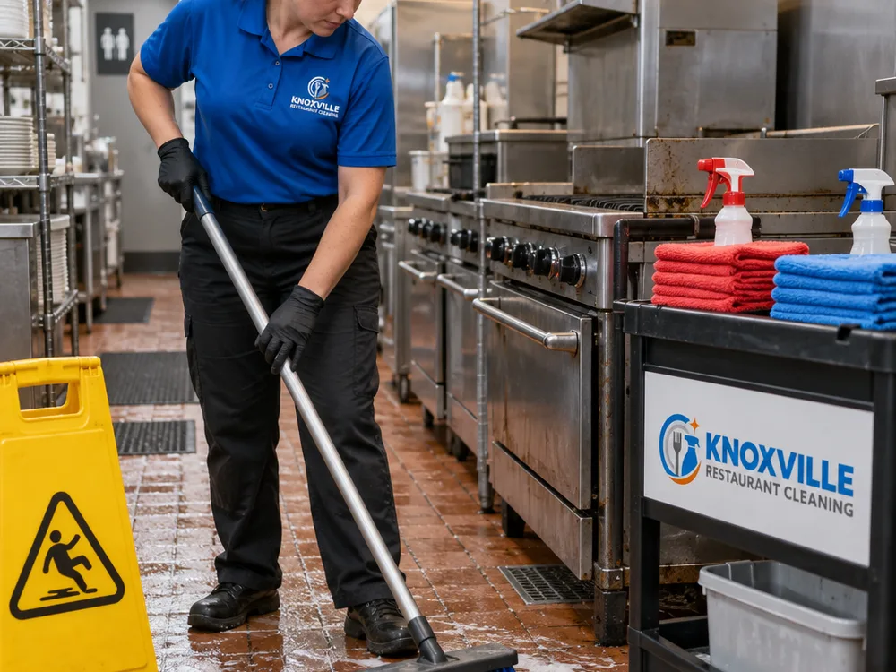 Cleaner scrubbing a commercial kitchen floor near the cook line with wet-floor signage and color-separated cleaning supplies