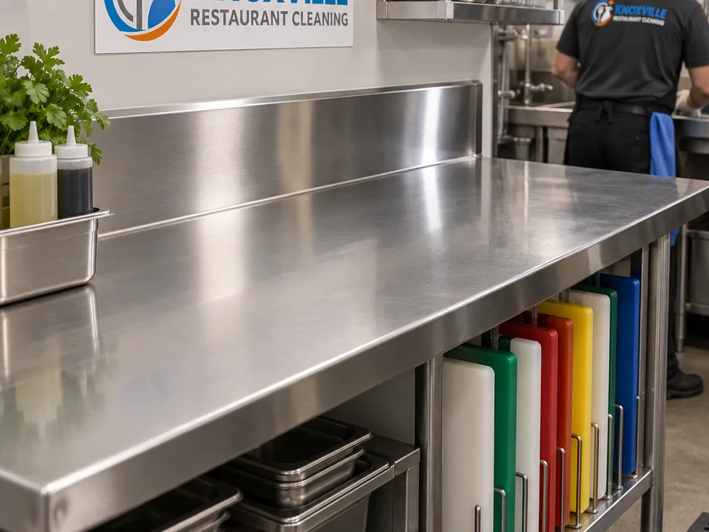 Clean stainless prep table and backsplash with organized, sanitized cutting-board storage
