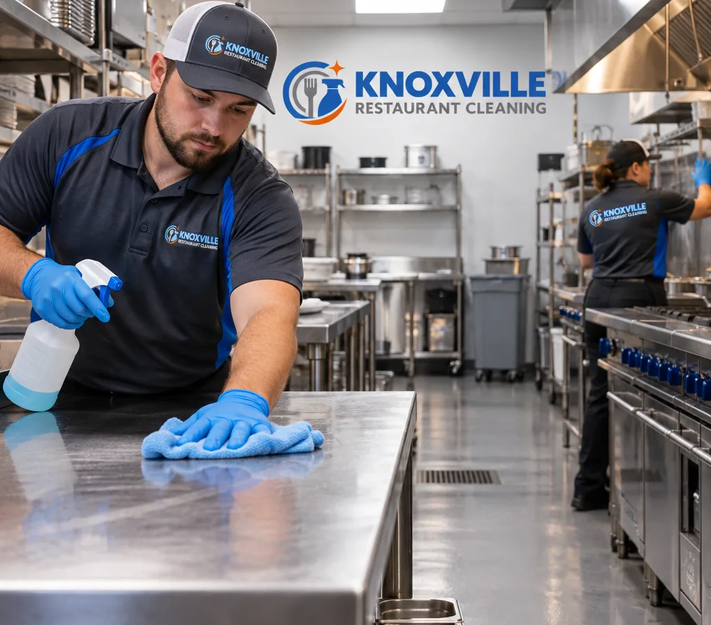 Technician cleaning stainless prep tables in an organized commercial kitchen after hours
