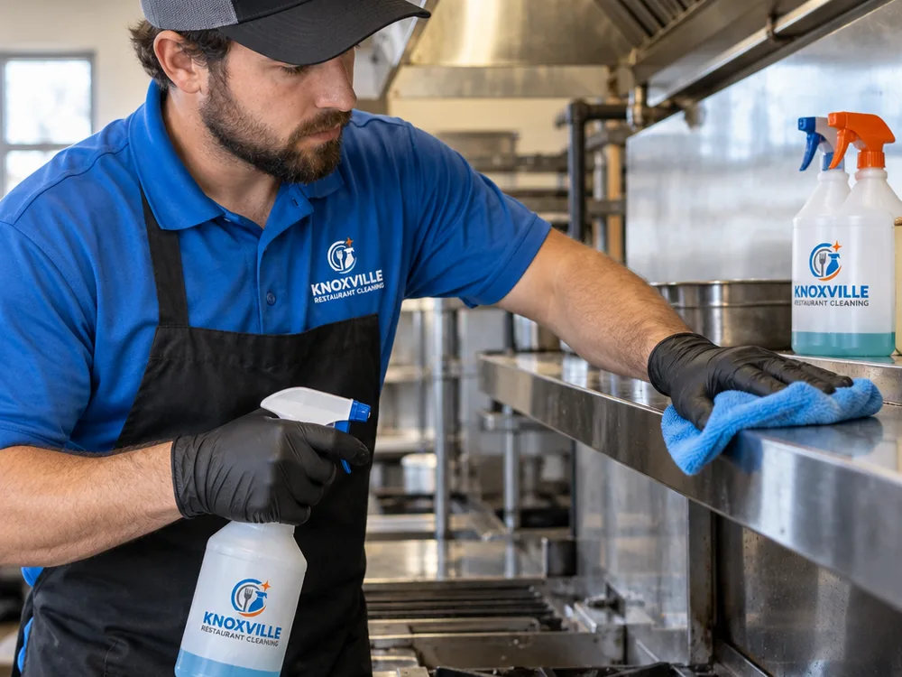 Technician performing detailed degreasing on stainless surfaces near a commercial cook line