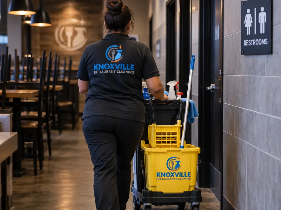 Uniformed janitorial team member carrying cleaning supplies through a closed restaurant hallway during an overnight shift