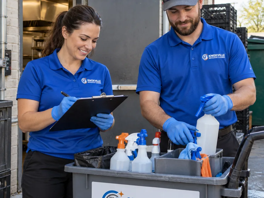 Two uniformed restaurant cleaners staging labeled supplies and checklists at a Knoxville restaurant