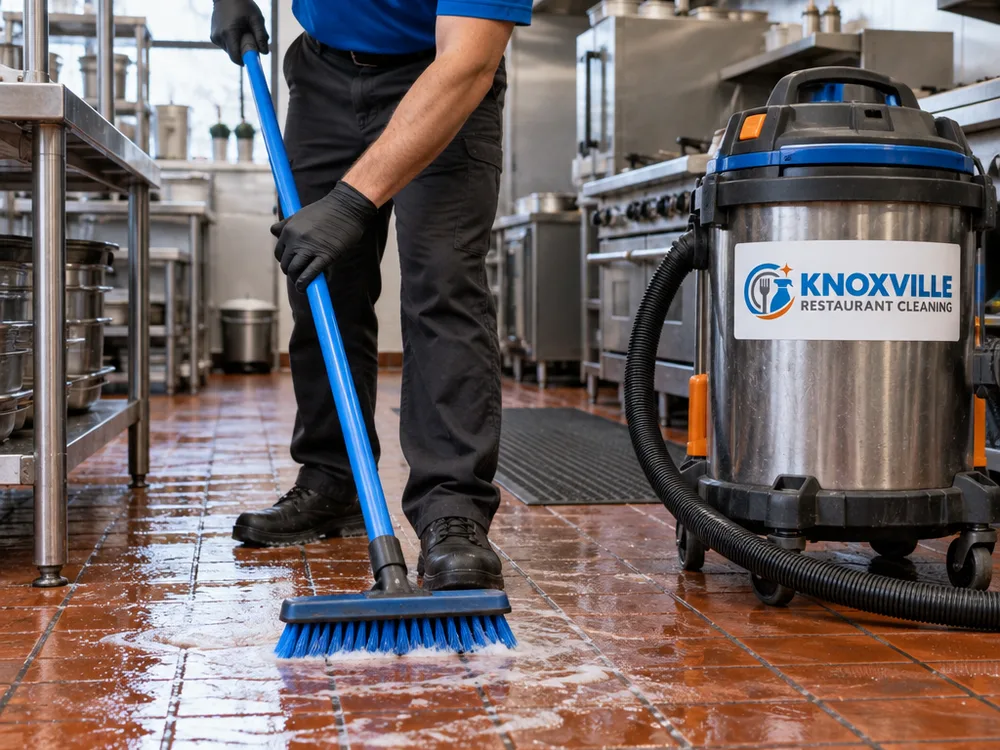Technician scrubbing a commercial kitchen floor with a deck brush and wet vacuum capture nearby